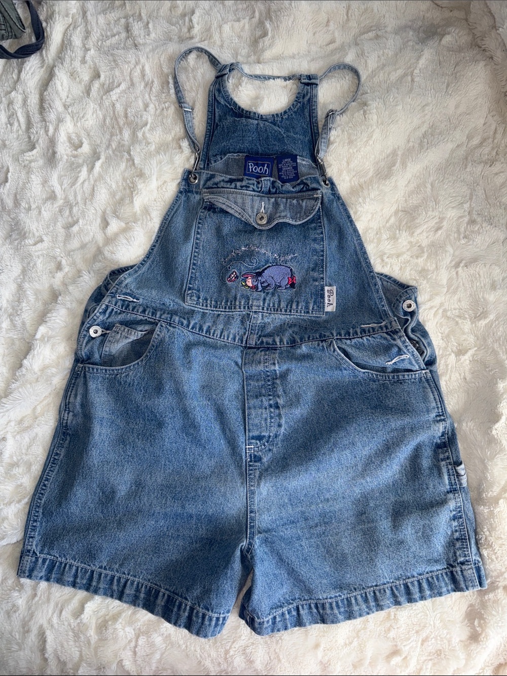 Pooh Embroidered Blue Denim Short Overalls - Women's Casual Romper